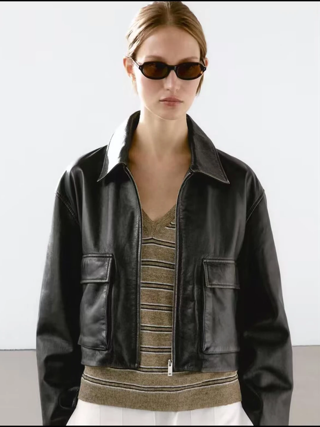 Casual American Sle Women's Leather Jaet ort Outerwear Long Sve Turn-down Collar New Autumn Winter Bla kets Decor