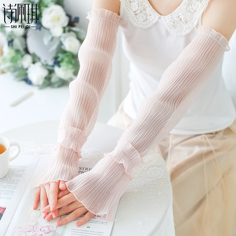 Summer Long Fingerless Gloves Women Ice Silk Sun Protection Sleeves Gloves Thin Chiffon Lace Arm Sleeve Driving Cycling Gloves