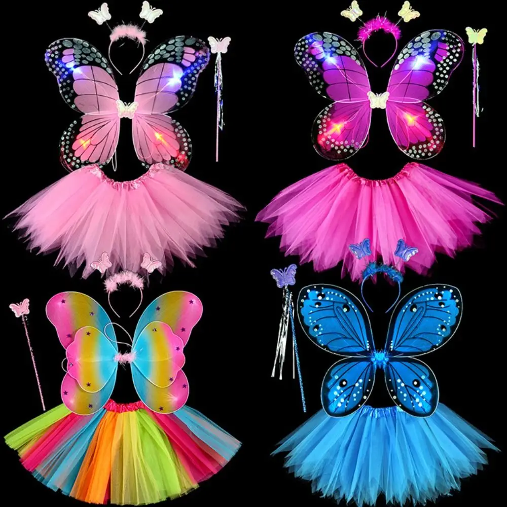 Adult Kids 3/4Pcs Fairy Costume Set Simulation Butterfly Wings Pointed Tutu Skirt Headband Wand Party Dress Up Halloween Gift