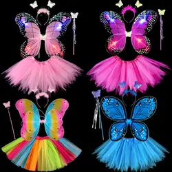 Adult Kids 3/4Pcs Fairy Costume Set Simulation Butterfly Wings Pointed Tutu Skirt Headband Wand Party Dress Up Halloween Gift