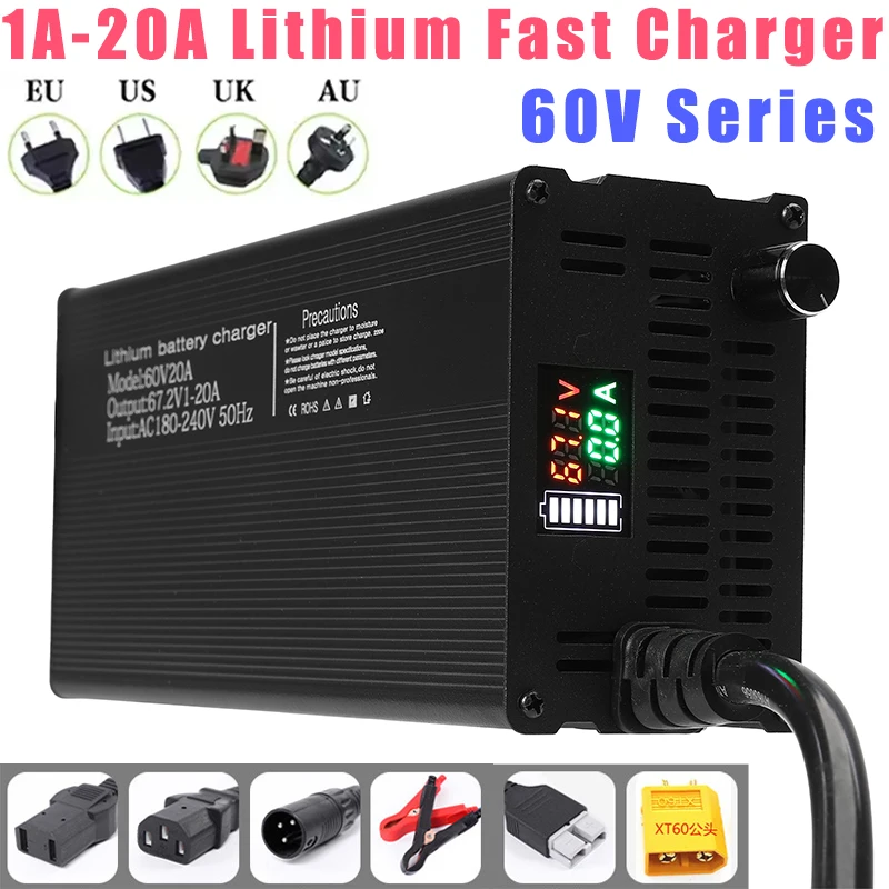 Lithium Battery Chargers Adjustable Current 60V 1-8A 1-10A 1-15A 1-20A  High Power Fast Charger with LCD Display Smart Charging