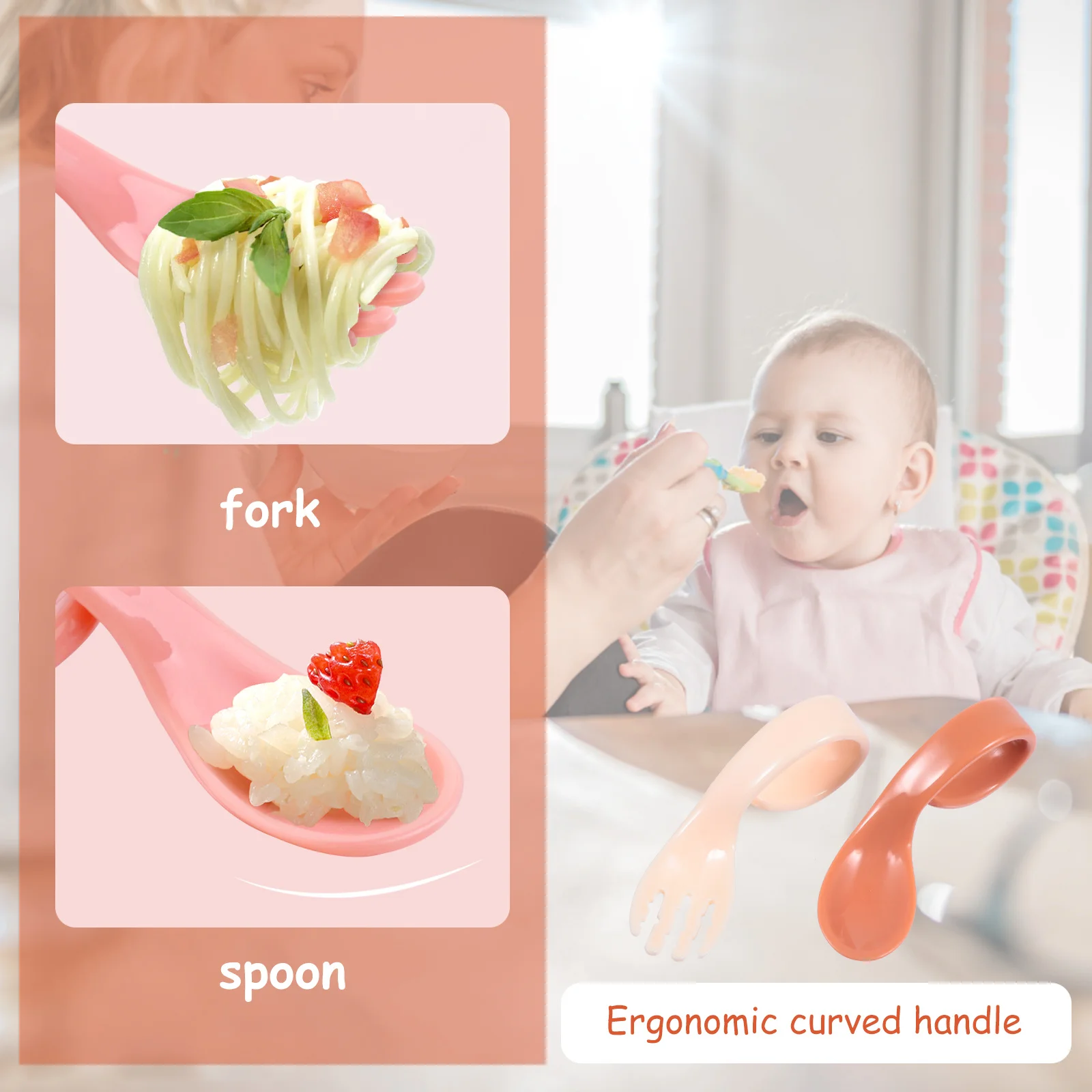 

1Set Toddler Learning Fork Spoon Set Curved Non Slip Short Handle High Temp Resistant Ideal for Milk Pureed Food Kids