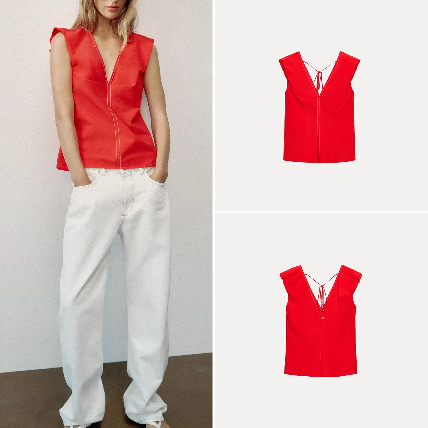 Women's Summer Fashion Sleeveless V-neck Color Block Stitching Pleated Top Loose Fit Short Length Outerwear ZADATA Brand