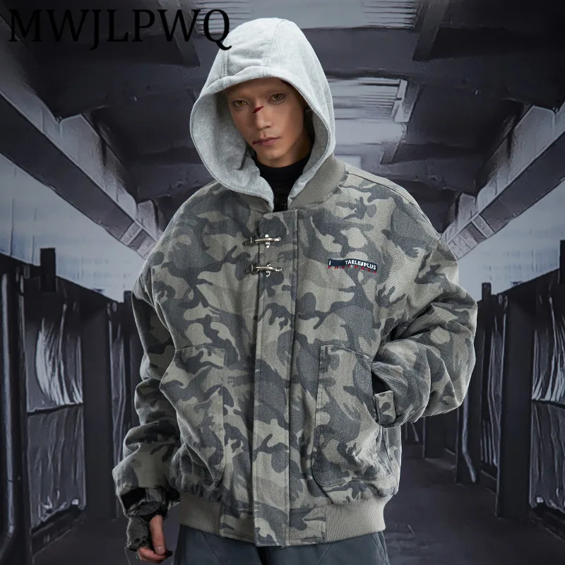 

MWJLPWQ Detachable Hat Fake Two-Piece Zipper Buckle Camouflage Jacket Men Street Metal Design Thickened Winter Cotton Coat 12827