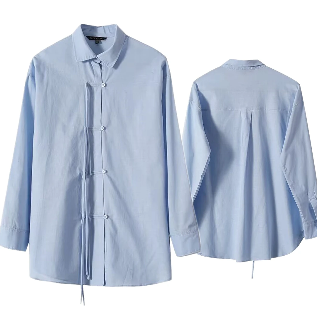 

Maxdutti Minimalist French Fashion Office Ladies Loose Sky Blue Cotton Linen Shirt Women's Blouses And Shirt Woman Clothing Tops
