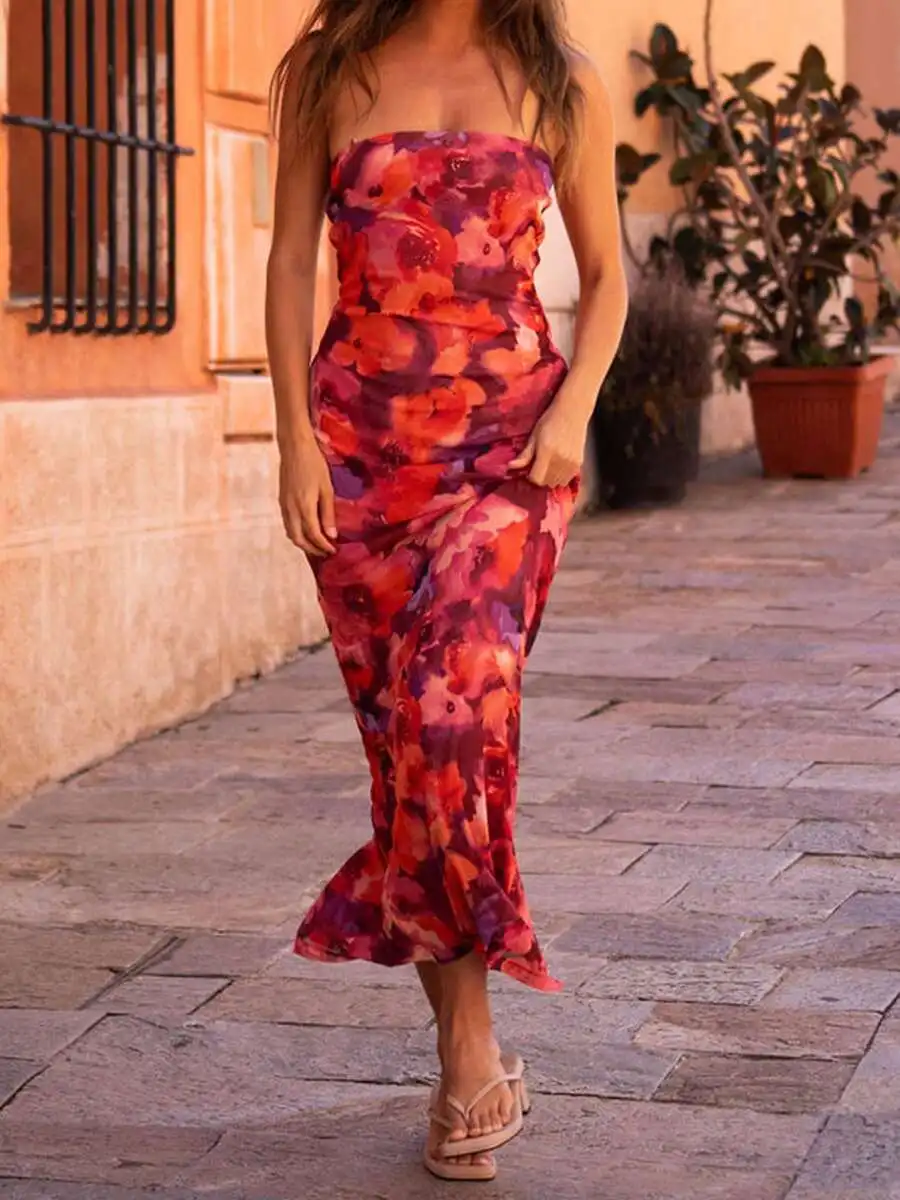 Vestido largo sin tirantes con estampado floral para mujer, para fiesta, playa o vacaciones