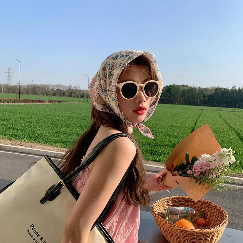 Sweet Breathable Spring Silk Scarf Cotton Quick-drying Flower Printed Headscarf Colorful Light Square Hijab Scarf Gift