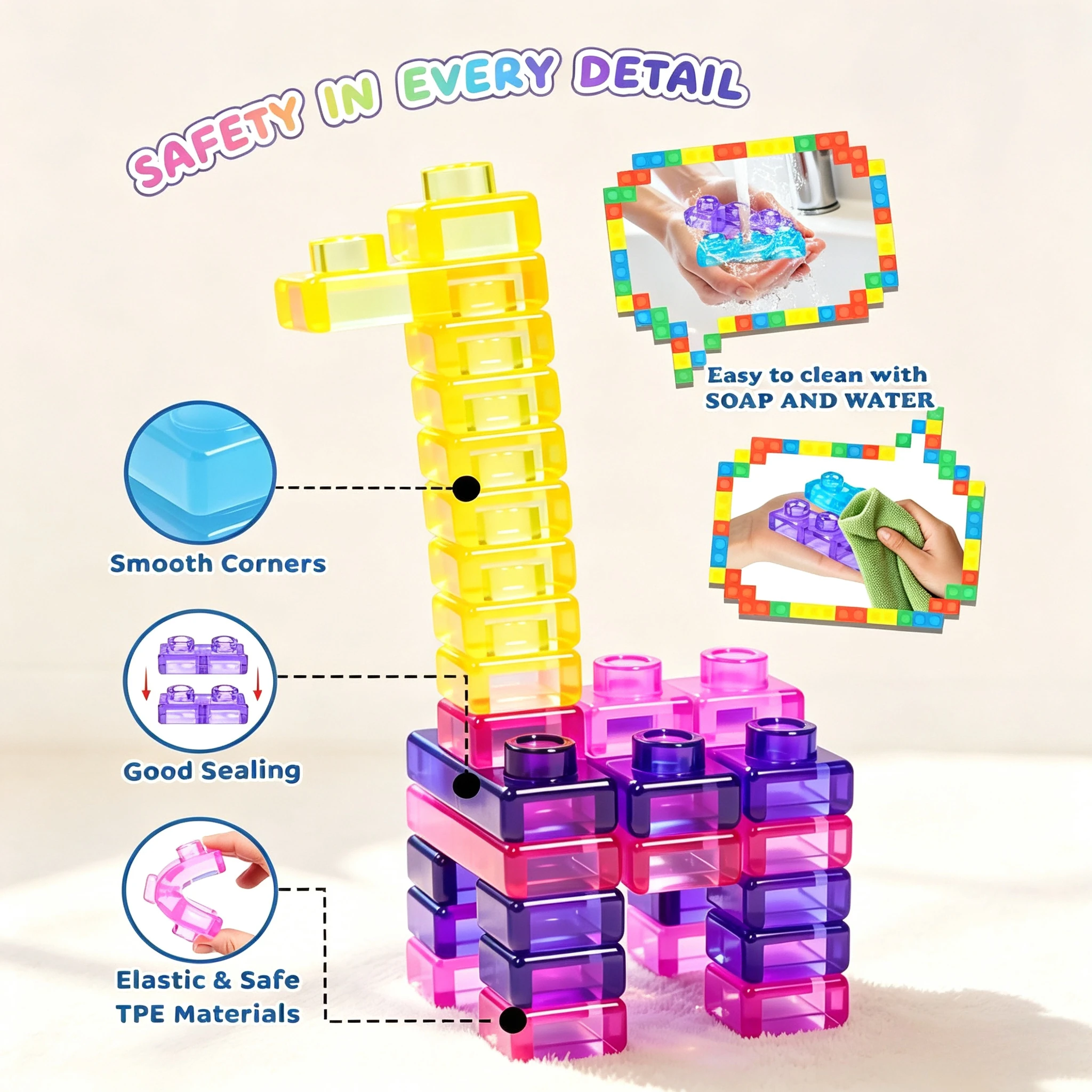 Squishy Building Blocks,  Soft Silicone Stackable Sensory Toy, STEM Educational Construction Set Stress Relief Fidget Gadget