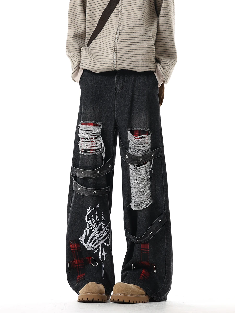 

Мужские джинсы Boyue Streetwear в стиле панк Y2K, рваные, с усиленной строчкой, широкие прямые брюки, повседневная молодежная мода