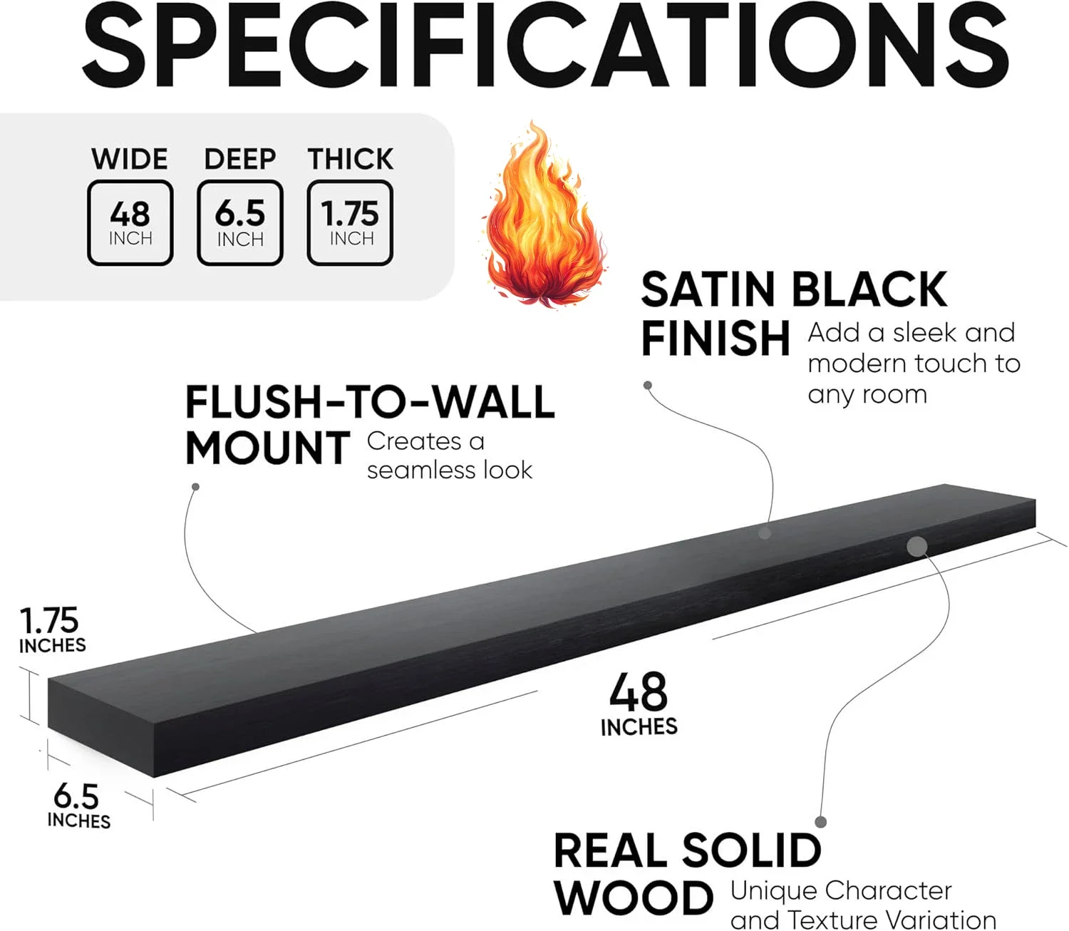 

Black Floating Shelf 48 inches, High End Solid Real Wood 48 inch Long Floating Shelves for Wall, Black Wooden 48inch Large