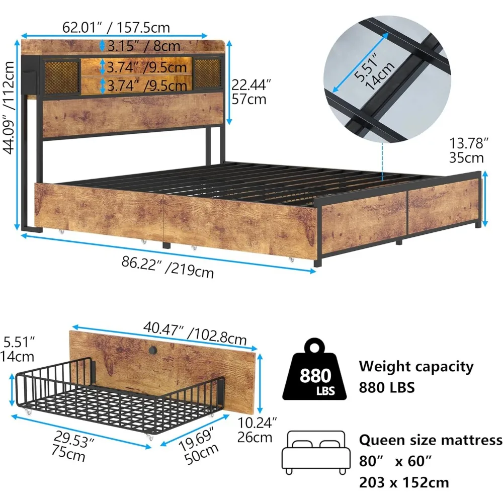 Bed Frame w Storage, LED Queen Size Bed w Charging Station, 4-Drawers Platform Bed Frame Queen Size w 3-Tier Storage Headboard