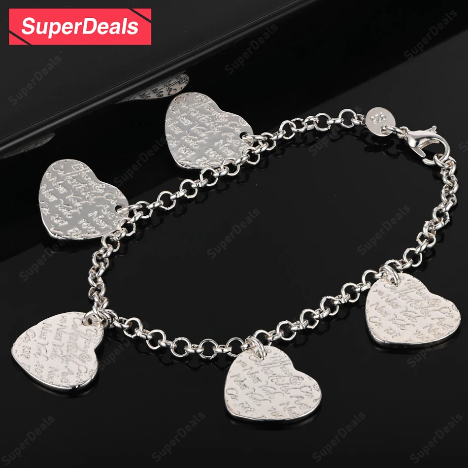 

SuperDeals 925 Sterling Silver Heart Bracelet Lady Romantic Wedding Jewelry Accessories Birthday Party Gift Couple Hand Chain