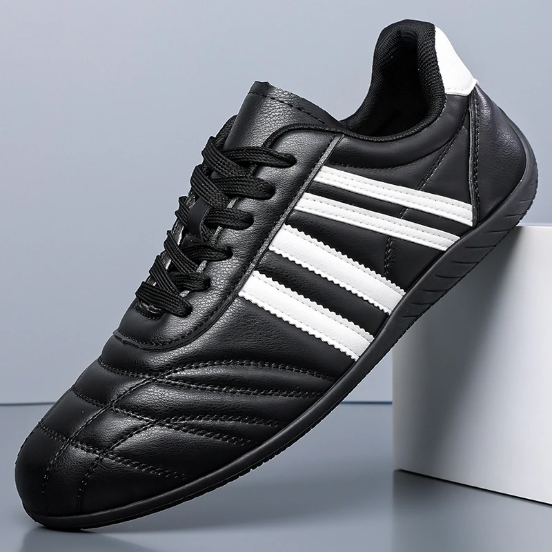 Men's Retro Striped Casual Sneakers Leather Lace-up Shoes, Gum Rubber Flat Sole Fashion Training for Daily Commute Street Wear