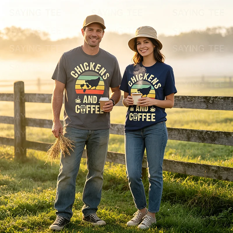 Ich mag Hühner & Kaffee Lustiges Vintage-T-Shirt mit Haustier-Motiv für Liebhaber Y2k Farmer Grafik Vintage Spruch-T-Shirt Lifestyle Weiche Baumwoll-Tops – Detail 4