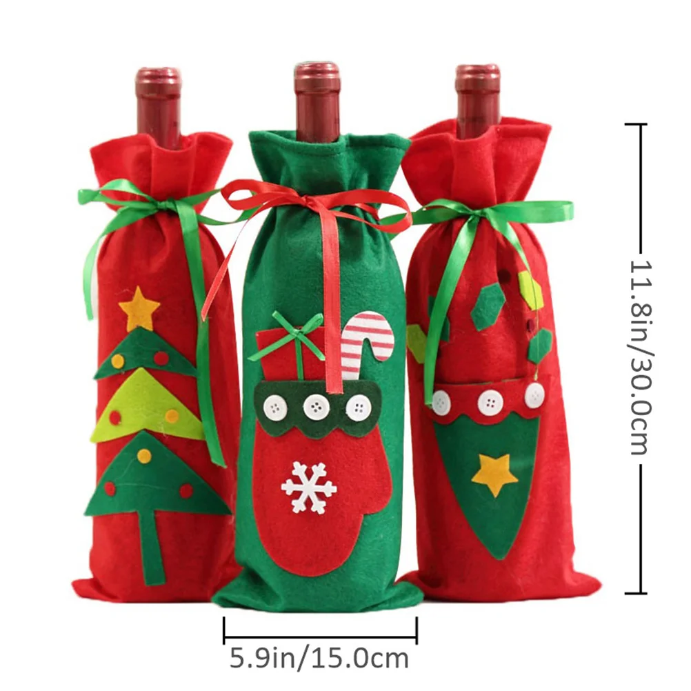 

3Pcs Christmas Wine Bottle Covers Red Green Non-Woven Decorative Caps Party Favor Wine Bottle Dress Creative Holiday Decoration