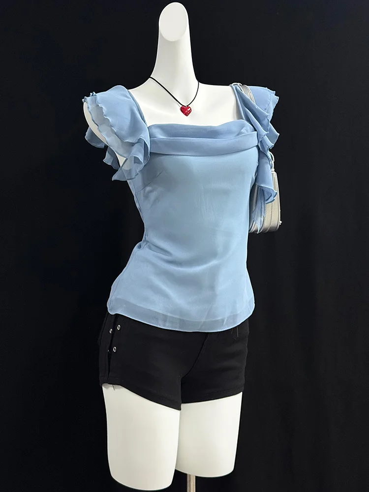 

Unique Blue ort Sve irt Original Design Slim Fit Retro Top for Women Commute Sle Korean Version Cotton Blend Summer