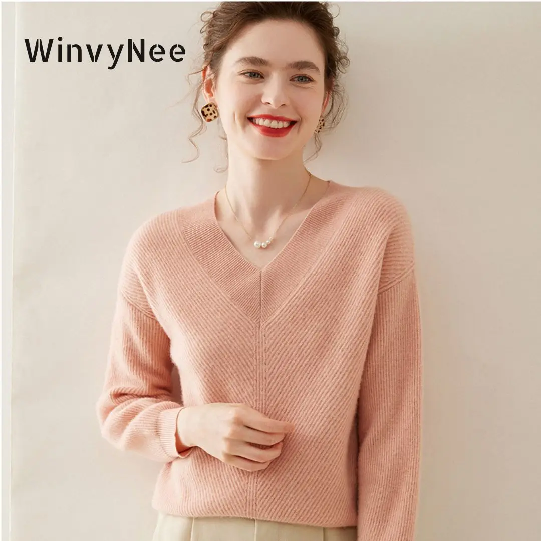 WinvyNee Kaszmirowy Sweter Damski Długi Rękaw Duży Dekolt V Wełniane Swetry Casualowe Miękkie Ciepłe Dzianiny Pullover Tops Jesień A 1054011