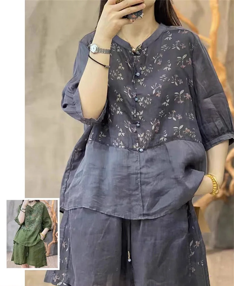 Oversized Patchwork Printed 3/4 Sleeve Shirt Cotton And Linen Two-Piece Set Lace Up Wide Leg Shorts Fashion Casual Outfit Z2327