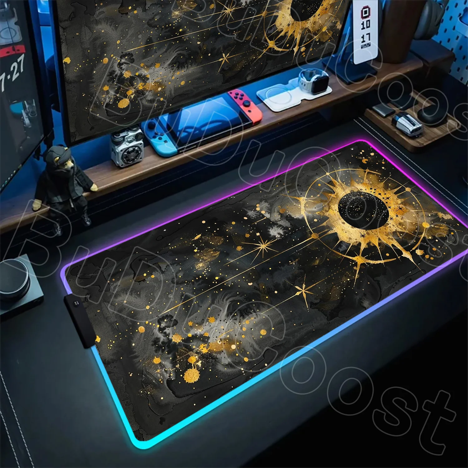 Golden Background Moon RGB Desk Mat Gold Black Zodiac Space Galaxy Stars Moon XXL Large Size Mousepad Astrology Gaming Mouse Pad