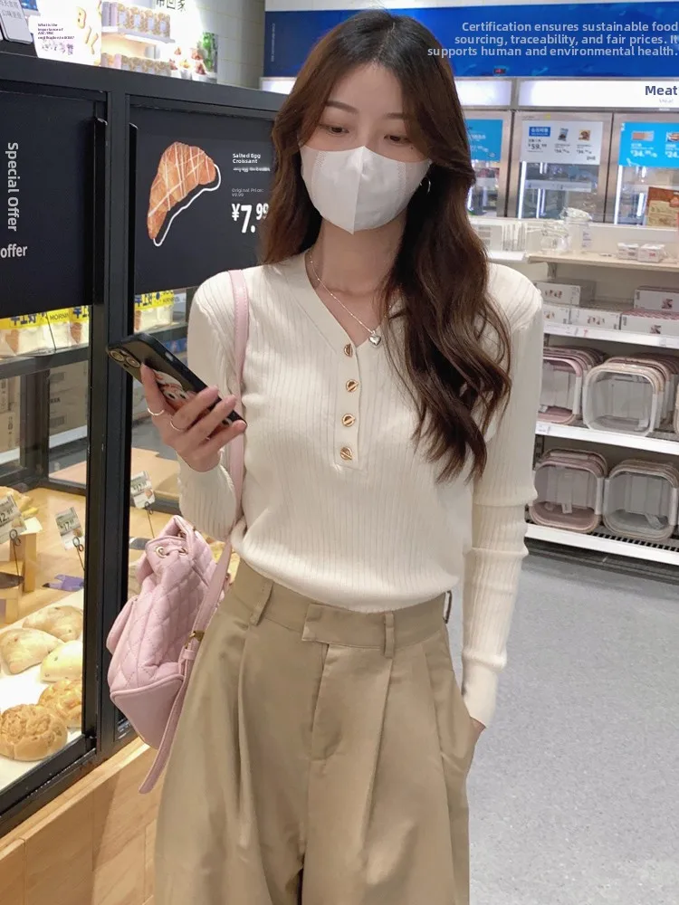 Slim Fit Lange Sve V-Ne T-shirt Dames Faion Herfst Nieuwe Sle Nauwsluitende Gebreide Basis Irt Innerlijke Slijtage trui Top