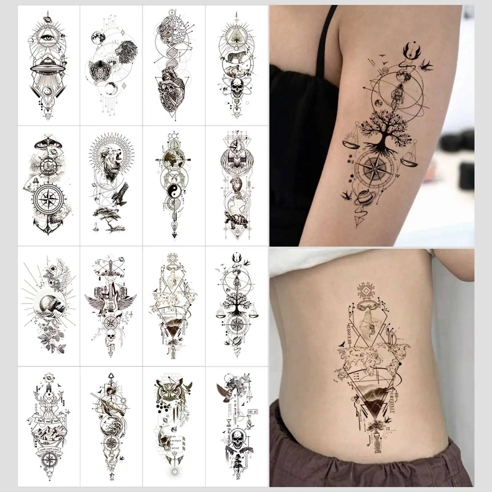 

16pcs Life Tree Geometric Pattern Temporary Tattoo Sticker Black Crow Design Fake Tattoos Flash Tatoos Arm Body Art