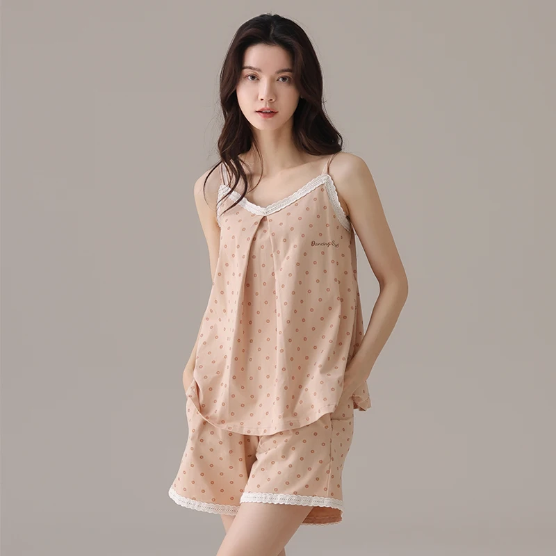 

Summer Sling Pajama Set Women Knited Cotton Home Clothing Female Vest Pyjama