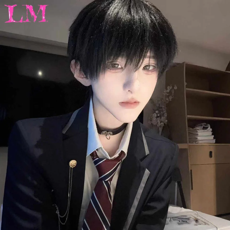 LM Synthetic Black Fluffy Layered Short Wig For Men Natural Side Bangs Male Cosplay Wig Anime Daily Styling
