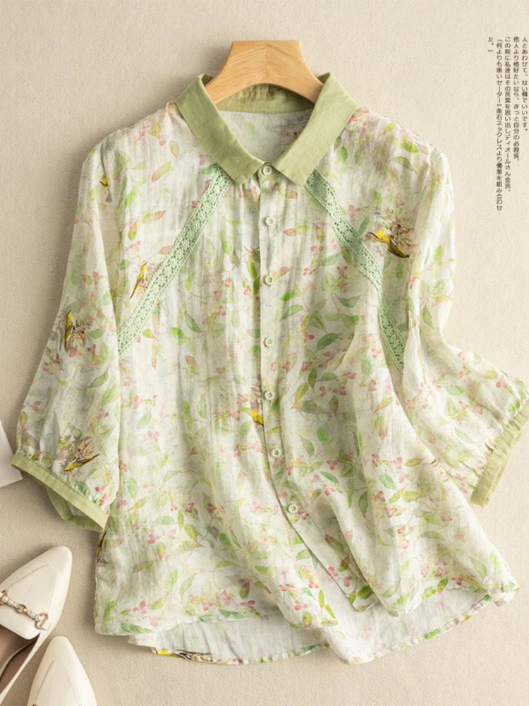 

Women's Vintage Lace Floral Linen Loose Cotton Linen ort Sve irt Collar Button Detail Regular Fit Summer Faion