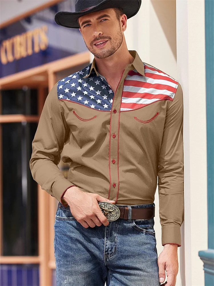 3D Vintage Print Men's Casual Fashion Long Sleeve Shirt Western Cowboy Style Men's Shirt Outdoor Street Men's Lapel Shirt tops