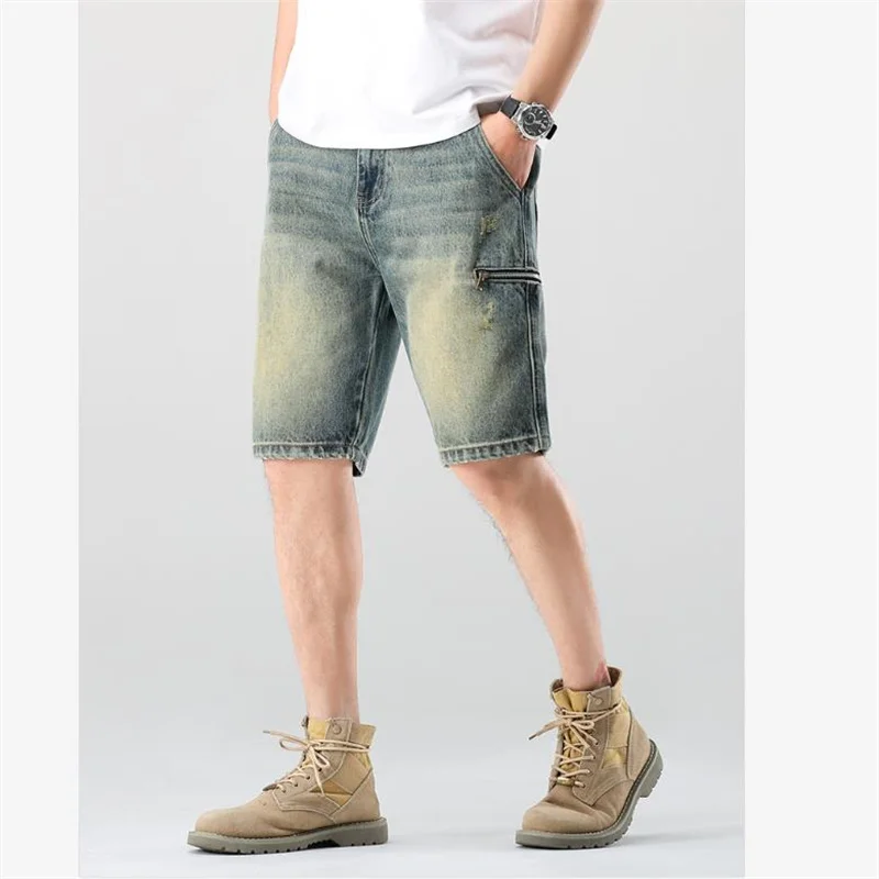 Denim Shorts For Men Tide Jeans Short Pants Hip-hop Summer Loose Fitting Workwear Capris Male Denim Clothing