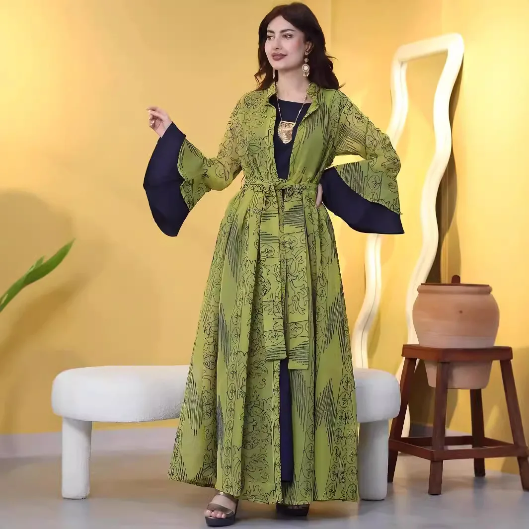 4078 Muslim Clothing Women's Lotus Leaf Sleeve Abaya Robe Two Piece Set Dress