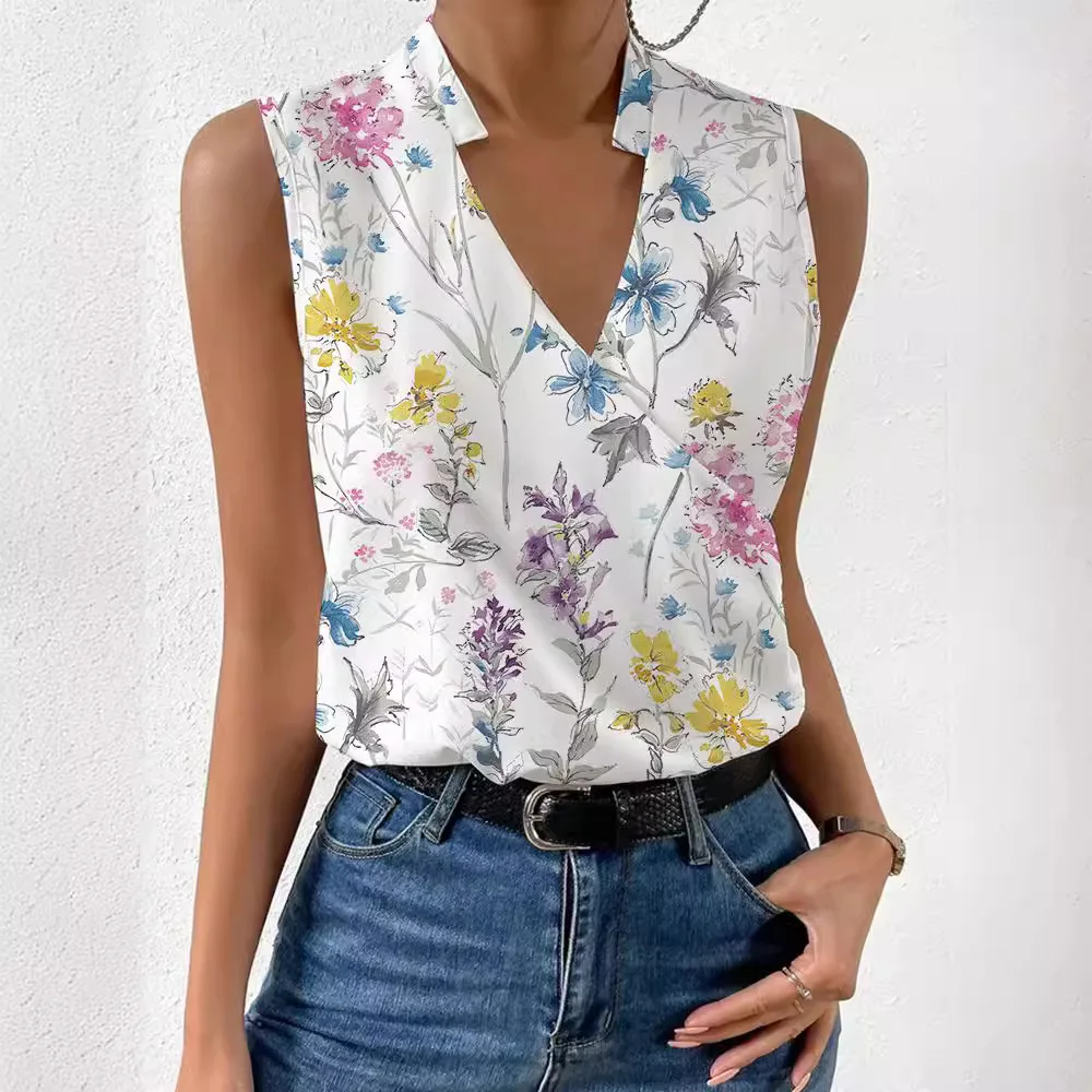 Summer Women's Printed Design Shirt V-neck Sleeveless Top Shirt Fresh Sweet Pullover Shirt