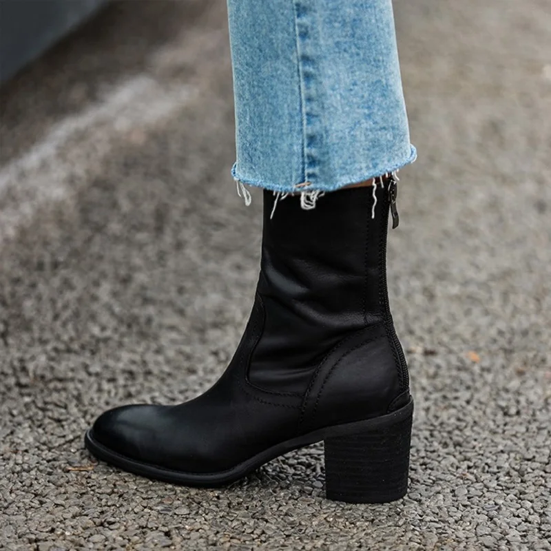 Woman Ankle Boots Round Toe Elegant Winter Boots Soft Cowhide Ladies Warm Shoes Back Zipper Modern Shoes For Autumn Spring