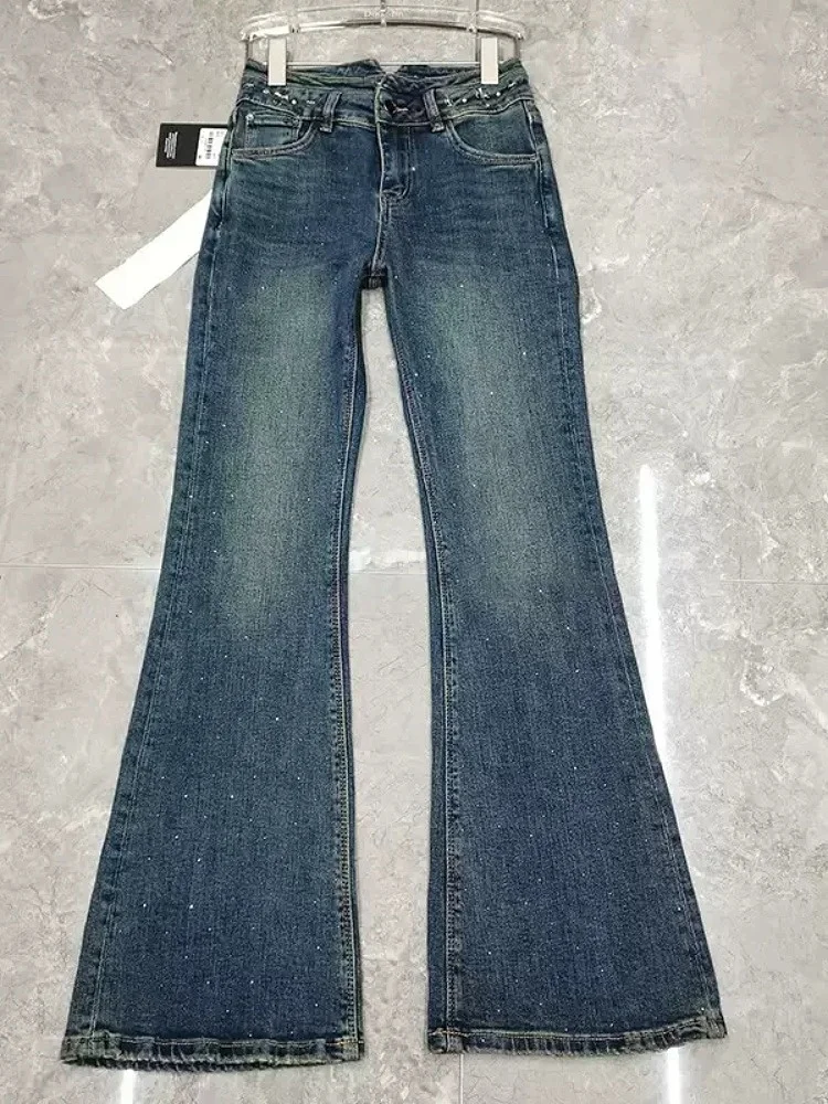Ele Hohe Taille Denim Jeans Frühling Neue Sle Strass Abnehmen Ausgestelltes Hosen Tiefe Farbe Elastische Lange Hosen für Frauen