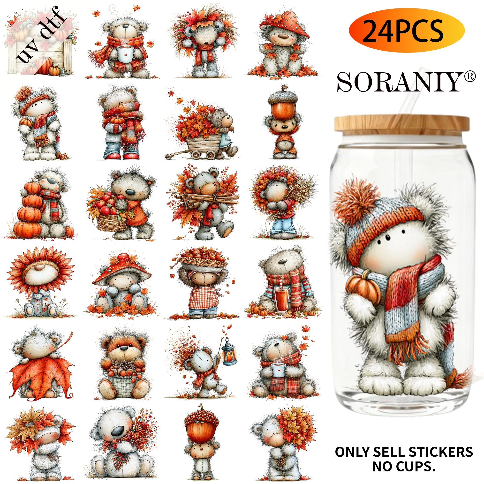 UV DTF Transfer Stickers - 24Pcs/Set Autumn Teddy Bear Theme UV DTF 16OZ DIY Transfer Stickers