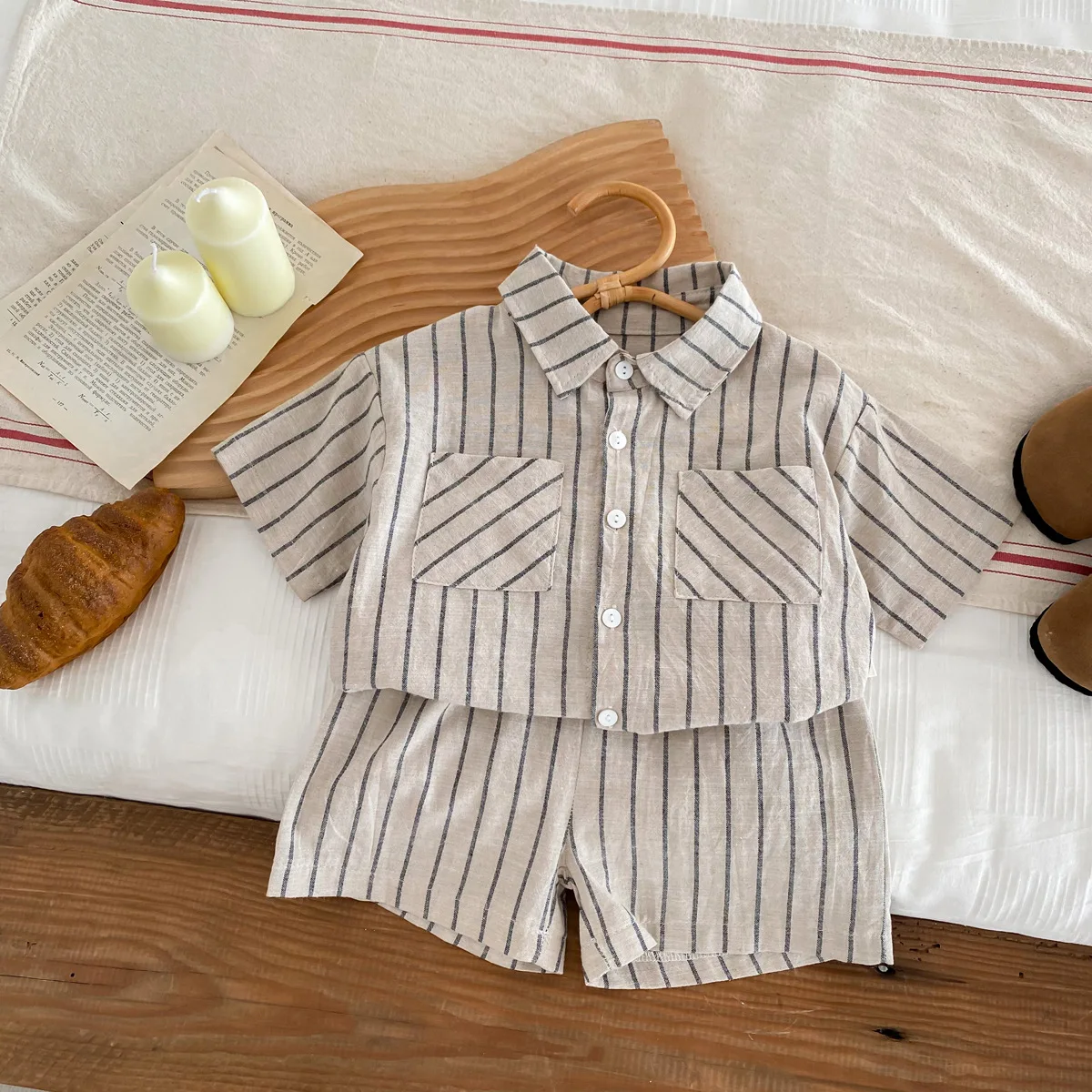 

Babies Set 2024 Summer New Striped Solid Countryside Style Light and Thin Shirt and Pants Casual Two Piece Set for Outdoor