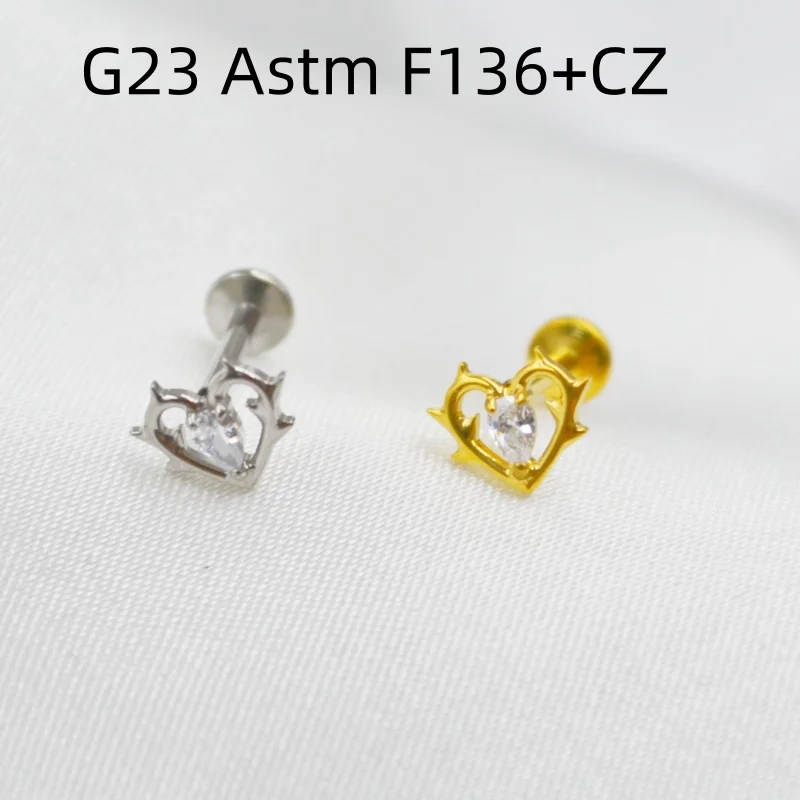 10pcs Body Jewelry 16G G23 Titanium Heart CZ Shape Lip Labret Bar Ear Helix Tragus Rook Barbells Stud Piercing Jewelry Shine