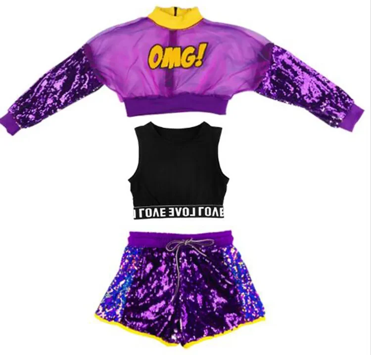 Girl Jazz Stage Sequin Girl Jazz Dance Costume for Girls 3pcs Set Girl Jazz Dance Costume Children Street Hip hop Dance