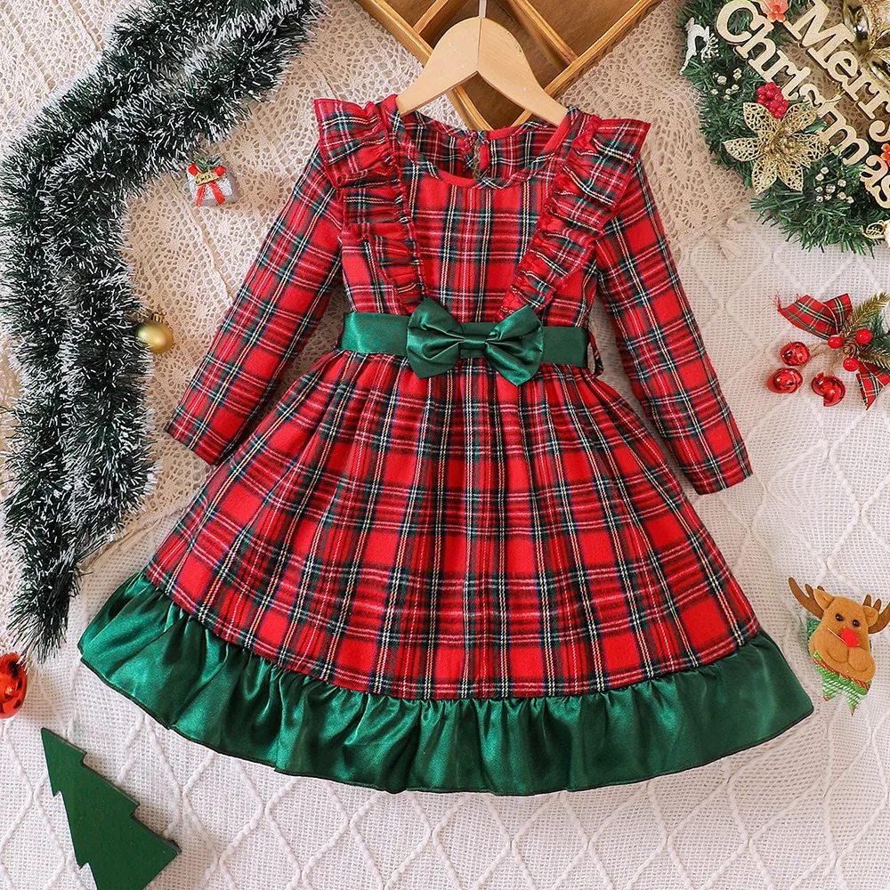 Kinder Weihnachtskleid mit Karomuster, Langarm, Rundhals, Rüschenrand, Schleife, Lässige Herbst-Winter-Kleidung für Kinder – Detail 3