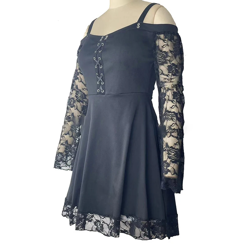 Minivestido gótico de verano para mujer, Vestido Sexy de talla grande con hombros descubiertos, vestidos ajustados de encaje con manga acampanada, Vestido de fiesta de talla grande