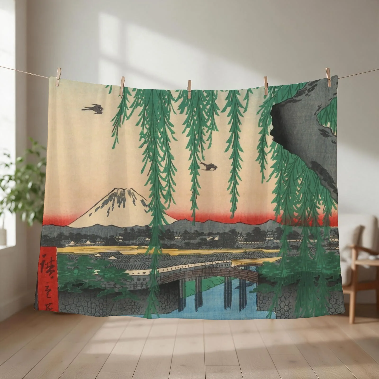 Mount Fuji from Yatsumi Bridge Ukiyo-e Japanese Art Throw Blanket couch cozy soft plush fuzzy picnic outdoor blanket