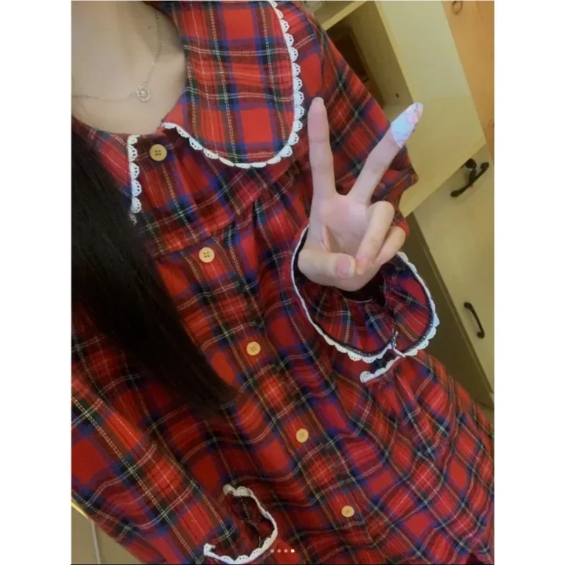 

Красное клетчатое новогоднее пижамное женское весенне-осеннее 2024, новая корейская серия, комплект домашней одежды с длинными рукавами в стиле ретро