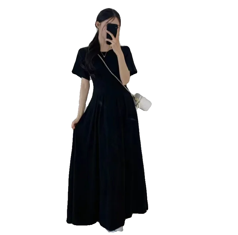 Chic rond Ne T-shirt Dr femme coupe ajustée jupe longue grande balançoire coton printemps été ort Sve trajet Sle Ele