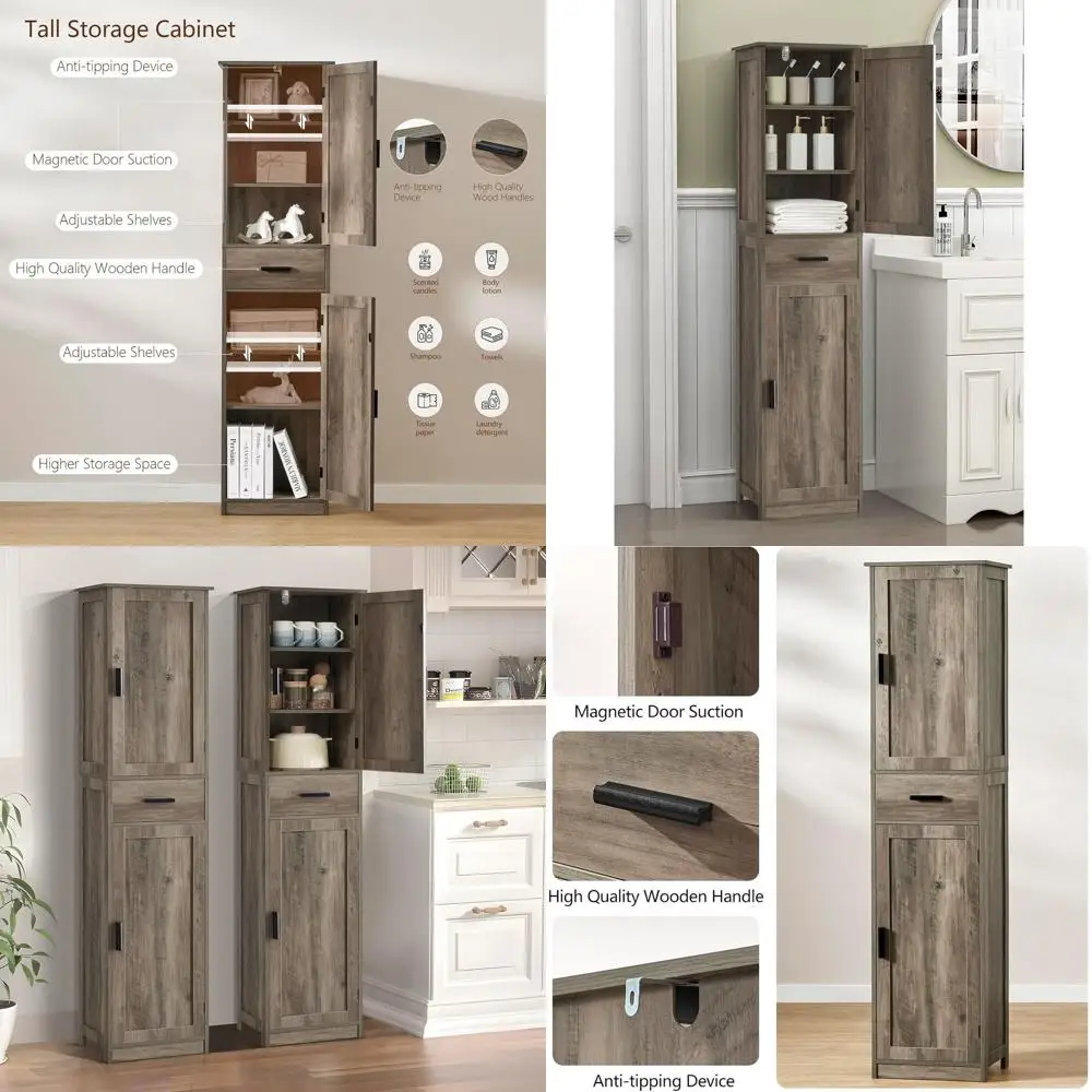 

Узкий шкаф для хранения высотой 67 дюймов с 4 полками и 2 дверцами для ванной или гостиной, цвет серый рустик