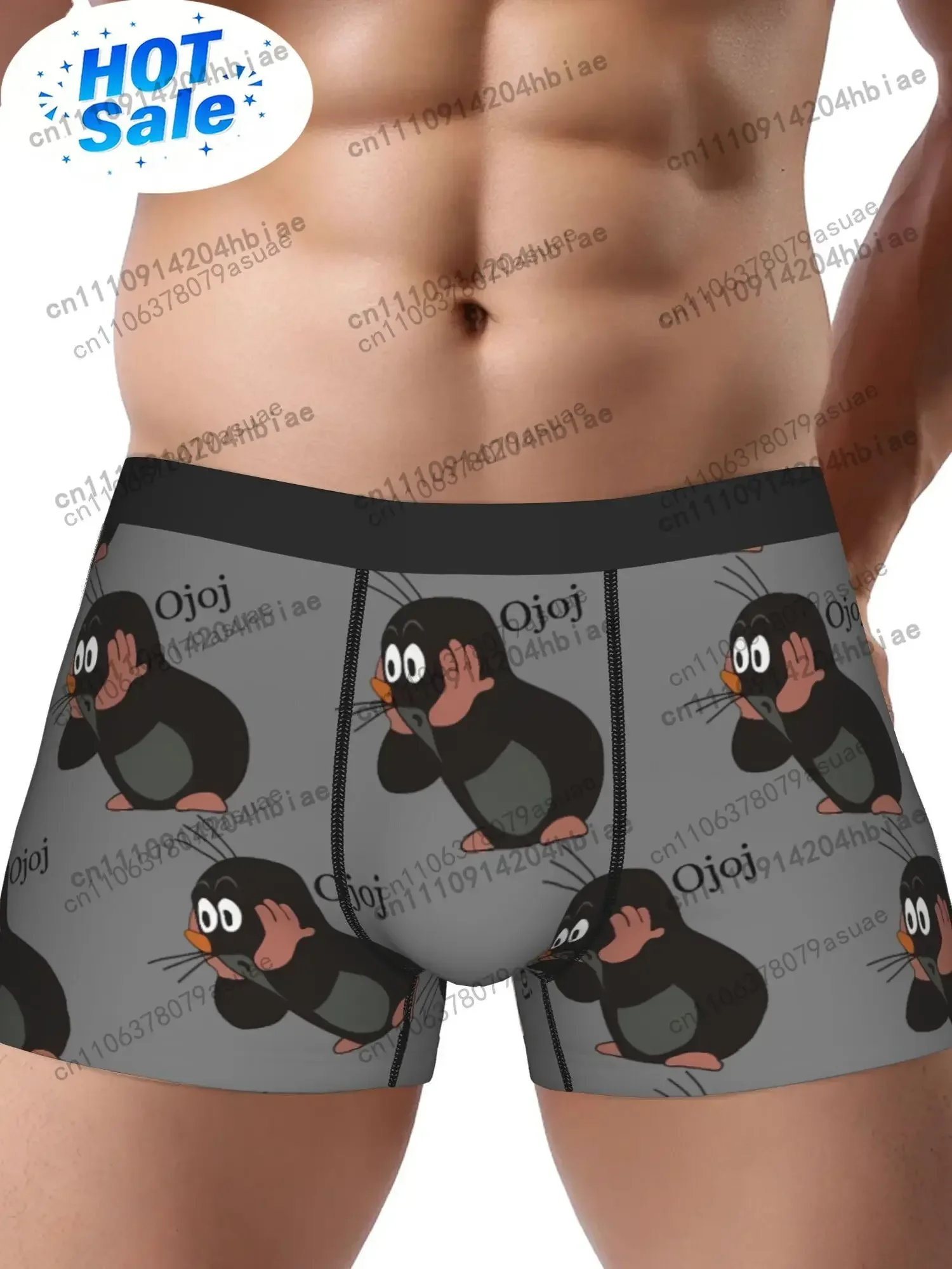 BIIHUDU Men'S Cartoon Mole Print Boxer BriefsStretchy Mid-Rise Underwear with Playful Penguin DesignComfortable Stylish Black