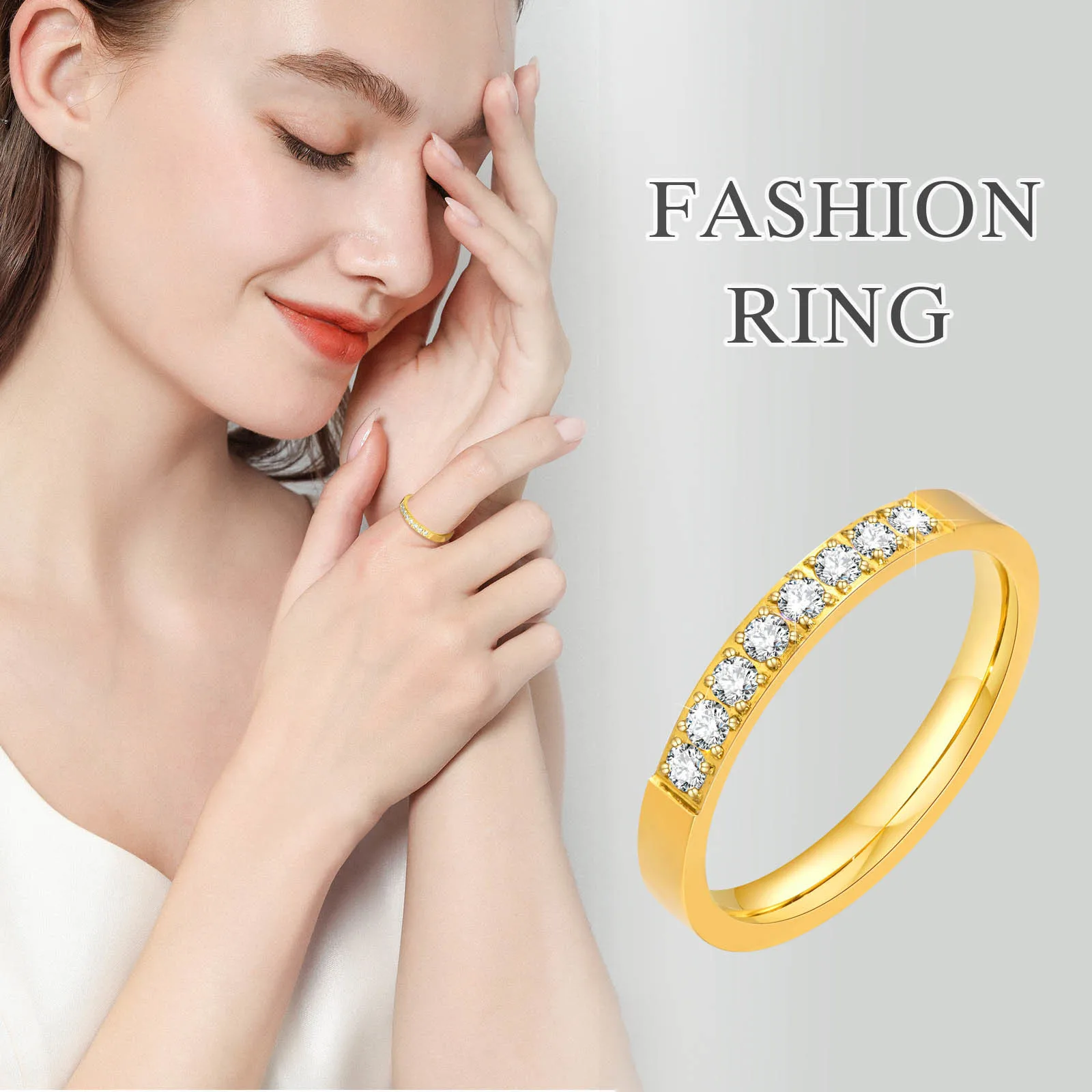 Vnox 3mm Slim Women Rings, Gold Color Stainless Steel Finger Band with AAA CZ Stone Row, Bling Lady Girls Elegant Jewelry