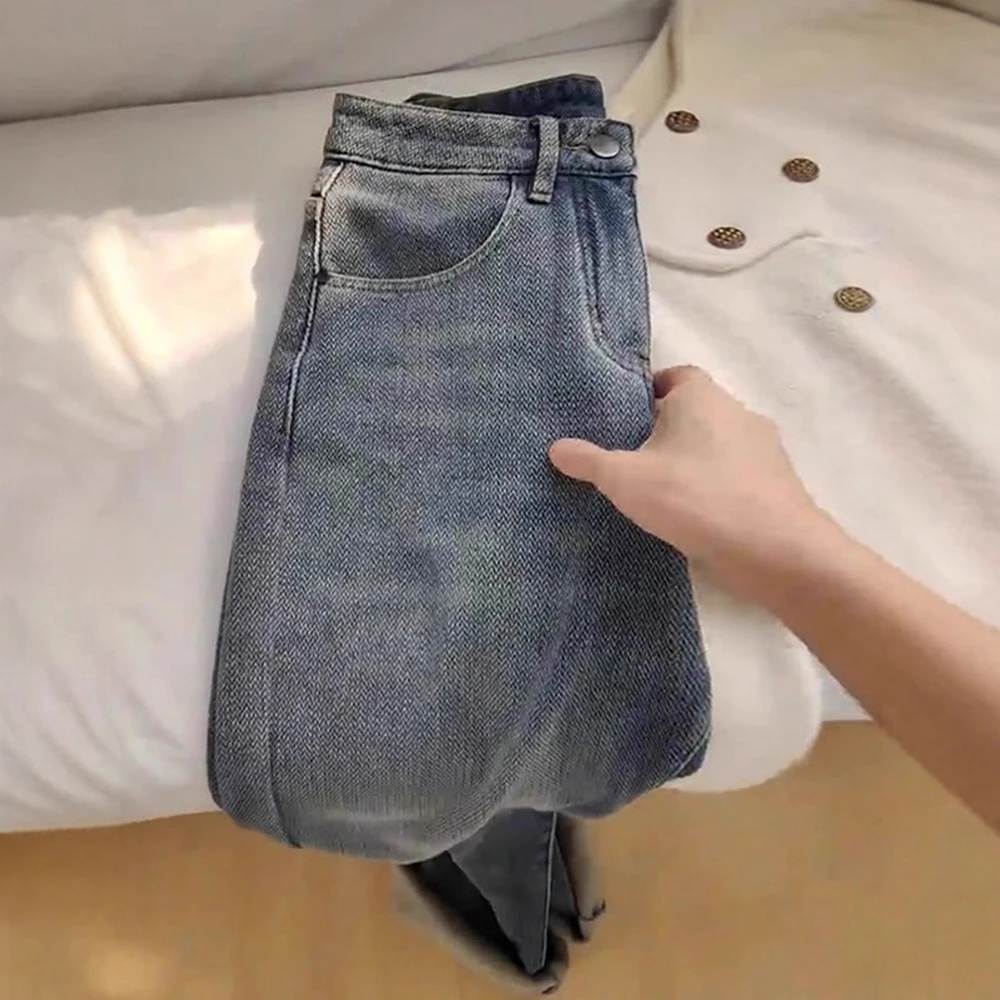 Autumn Winter Thicken Fleece Jeans Women Fashion High Waist Straight Leg Warm Thick Denim Pants Long Solid Commute S-XL Trousers
