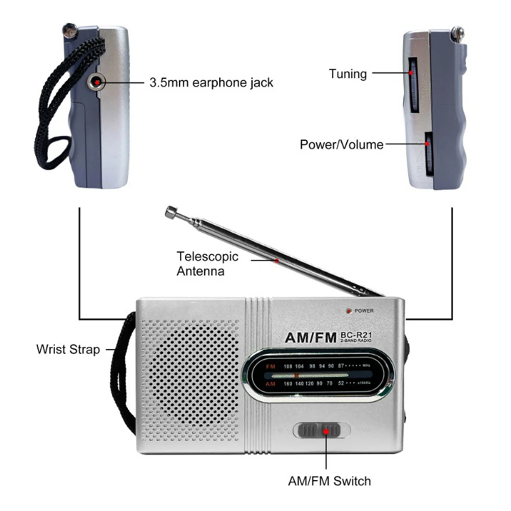 Mini Radio BC-R21/22/60/119/2011/2033/2048 AM Radio FM antena telescópica batería Radio portátil mejor recepción más duradera