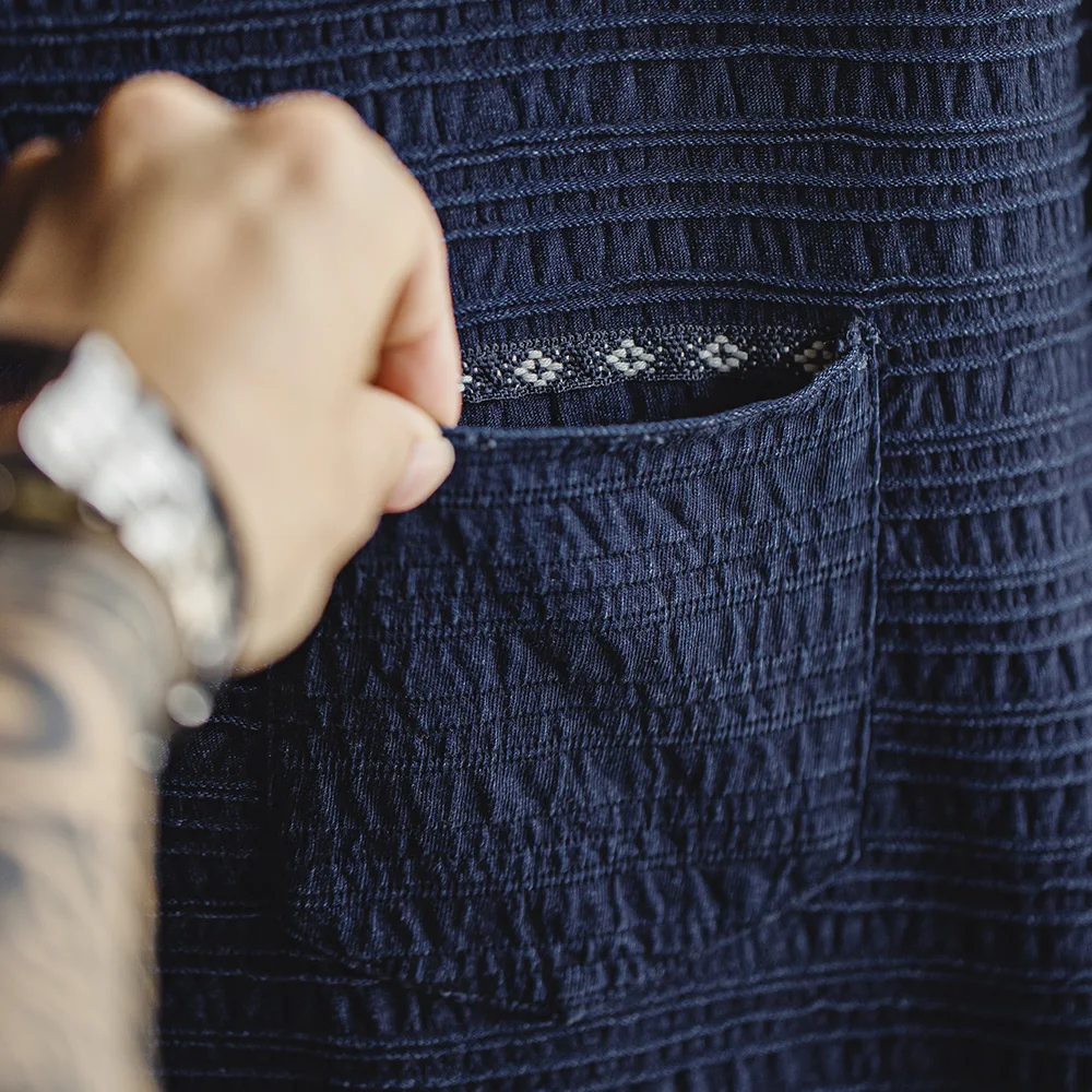 Maden Retro Indigo Knitted Jacquard Wave Pattern Textured T-shirt Loose Fit Solid Color Short-sleeved Tee for Men's Summer Tops image 5