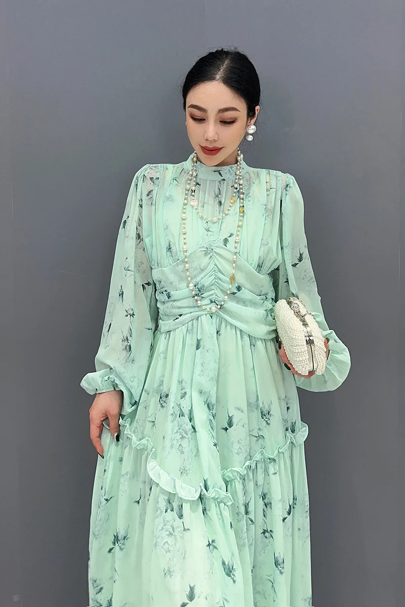 Vefadisa 2024 Spring Summer New Chiffon Printed Long Dress Spliced Gentle Tea Break Skirt Ladies Elegant Women\'s Wear WXY205